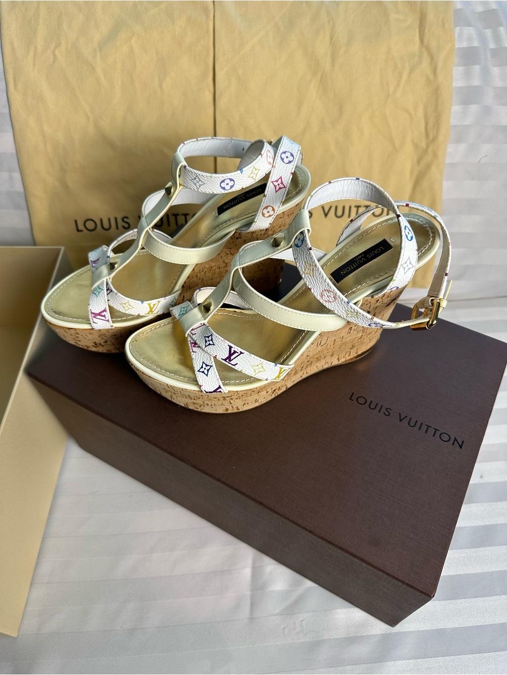 Louis Vuitton x Takashi Murakami Multicolore Cork Wedge Sandals 39